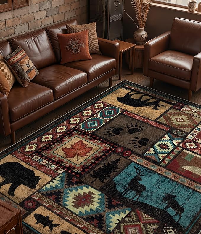 YIHOUSE Rustic Cabin Area Rug 6x9, Machine Washable Lodge Bear Rug, Non-Slip