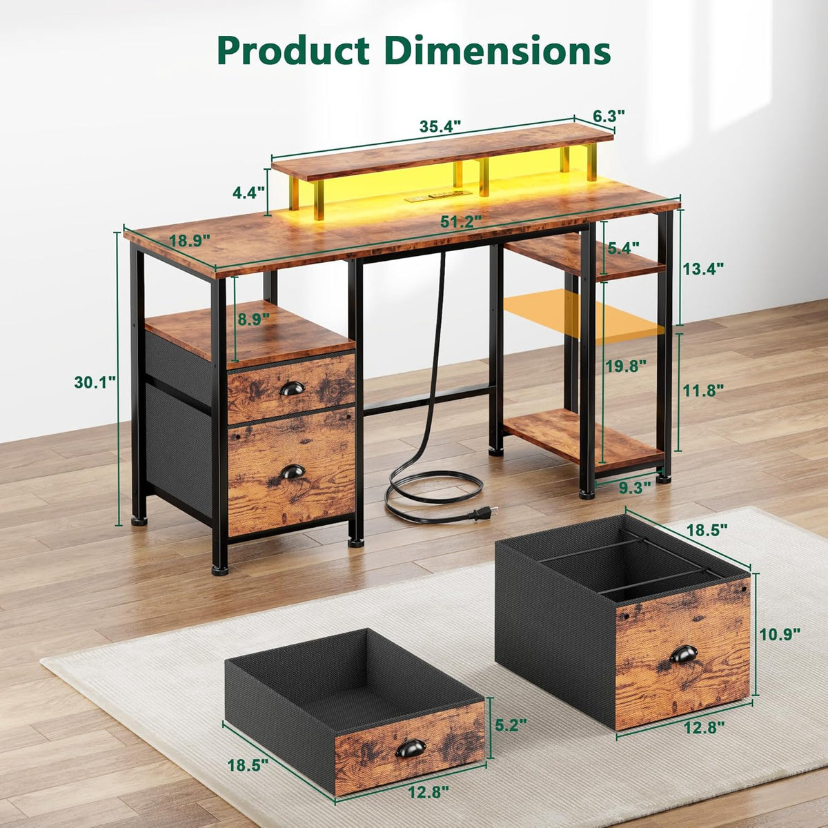 Furologee 51" Computer Desk with Power Outlet and LED Lights, Reversible Home Office Desk with File Cabinet & Monitor Stand, Large Gaming Table with Storage Shelves & Drawer, Rustic Brown