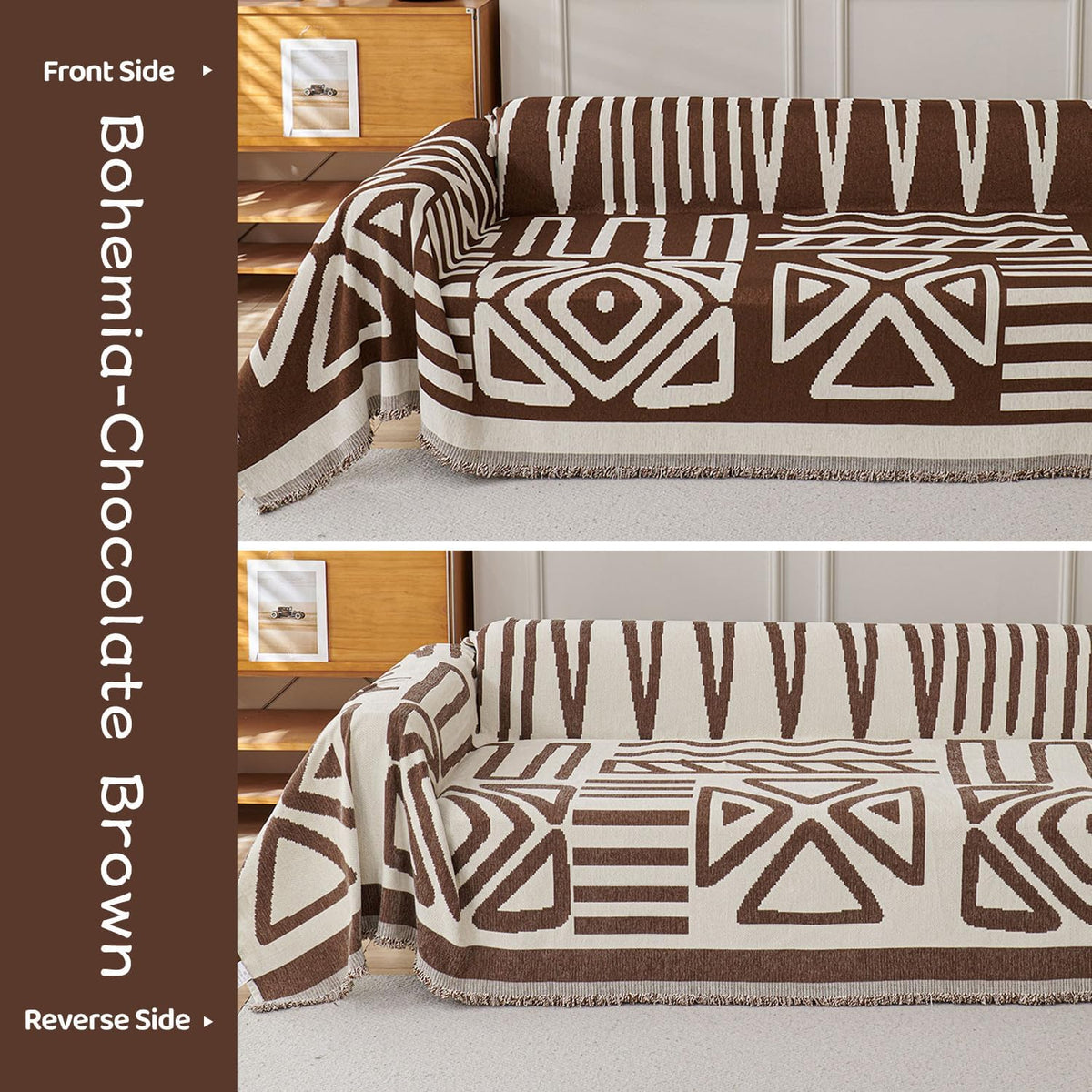 STACYPIK Soft Breathable Boho Chocolate Sofa Cover Stain Resistant Furniture Protector for 3 Cushion Couch Washable Sofa Cover for Dogs Cats Dark Khaki Reversible Sectional Covers for Sofa-91X134IN