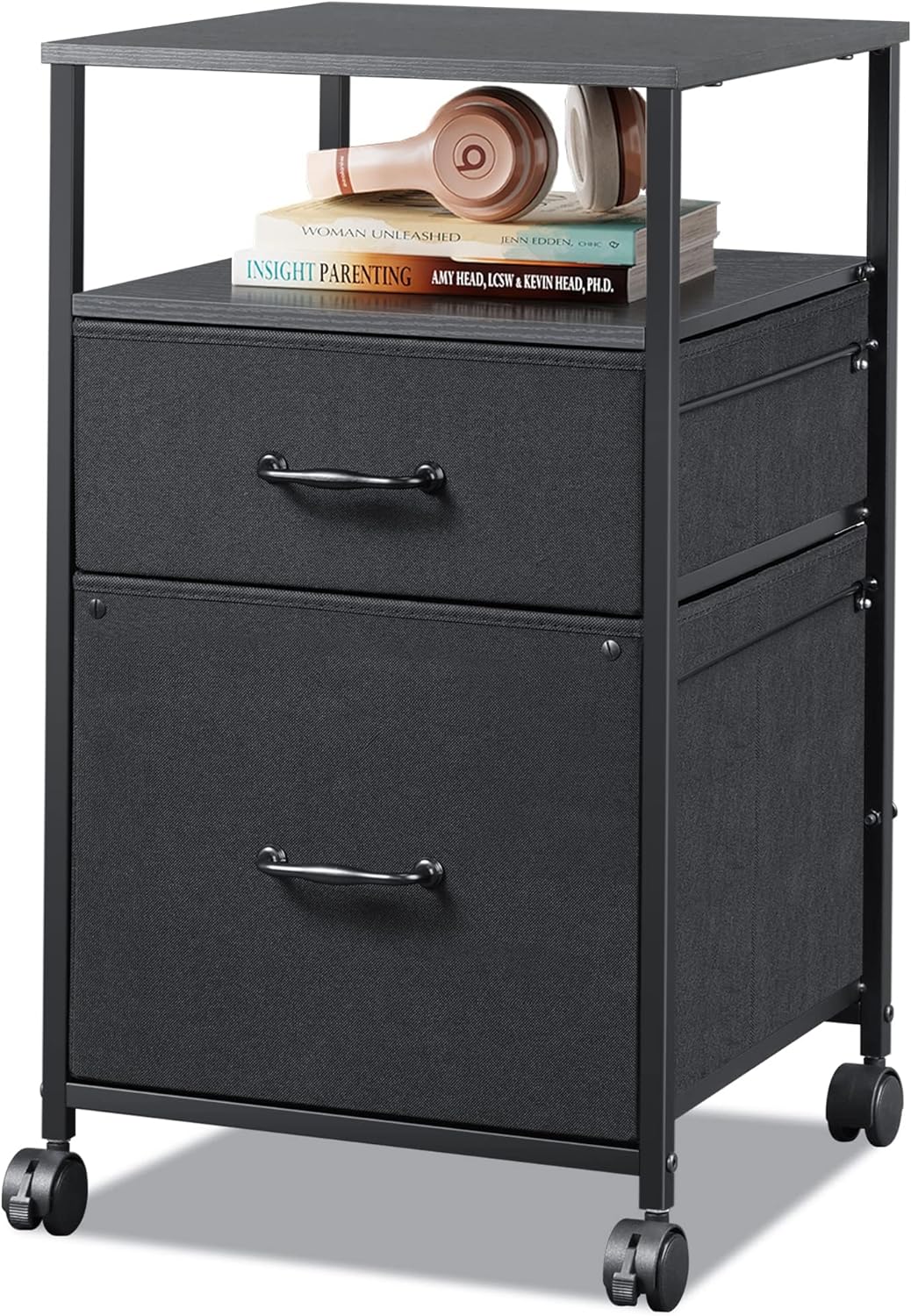 DEVAISE Mobile File Cabinet, Rolling Printer Stand with Open Storage Shelf, Fabric Vertical Filing Cabinet fits A4 or Letter Size for Home Office, Black