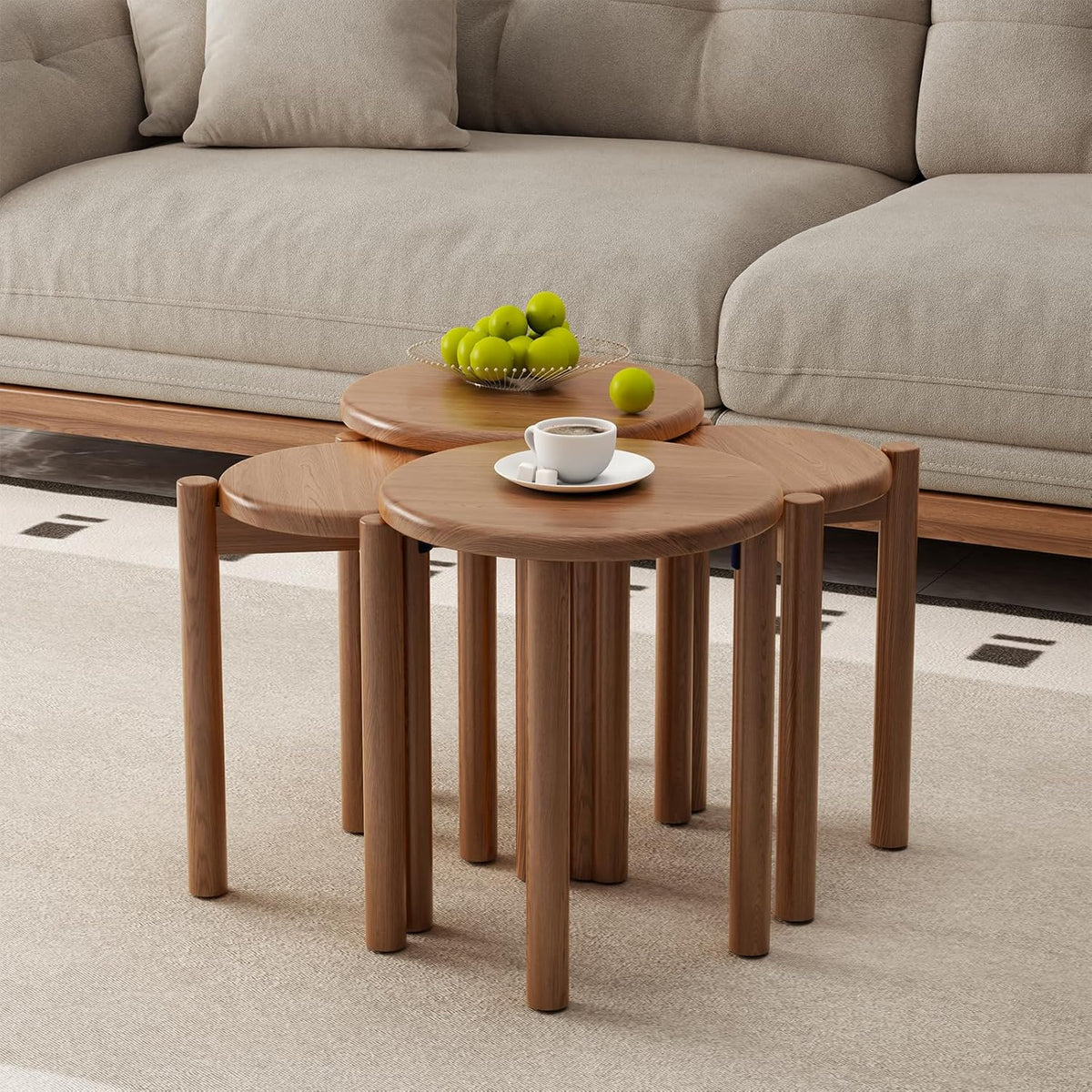 Stackable Stools Set of 4, Wooden Stools 18 Inch Stool Nesting Side Tables Nesting Coffee Table Sturdy and Durable, No Installation Required,Top Stackable Round Stool for Saving space(Walnut Barstool)