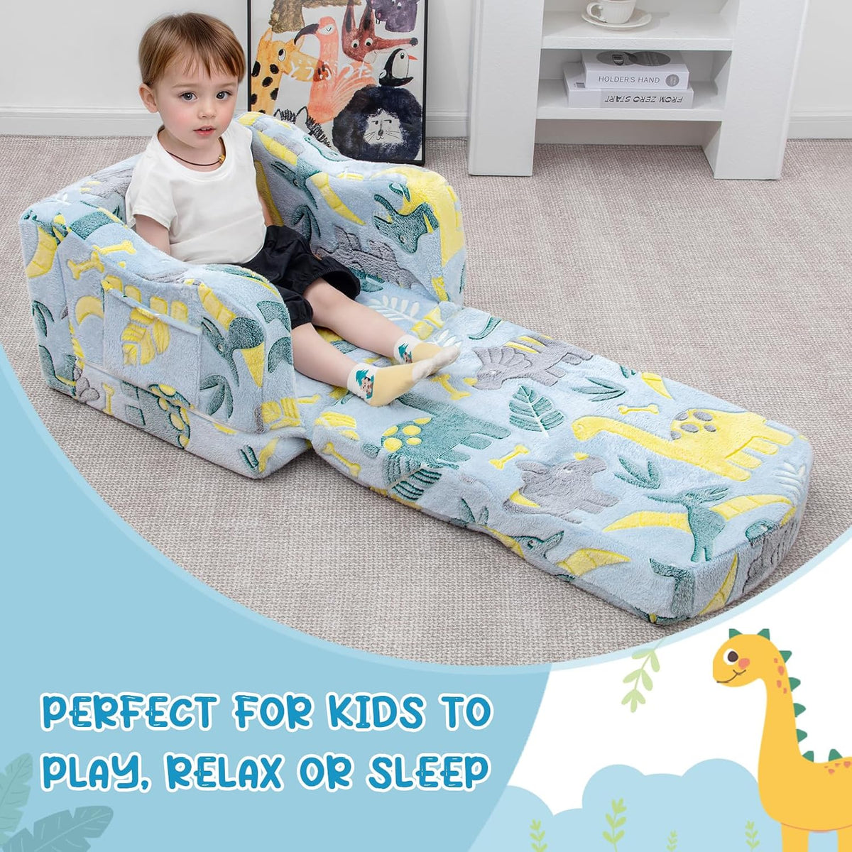 Comfy Toddler Chair and Couch for Kids with Blanket,2-in-1 Soft Plush Fold Out Toddler Couch for Girls and Boys,Convertible Sofa to Lounger for Playroom,Glowing Dinosaur