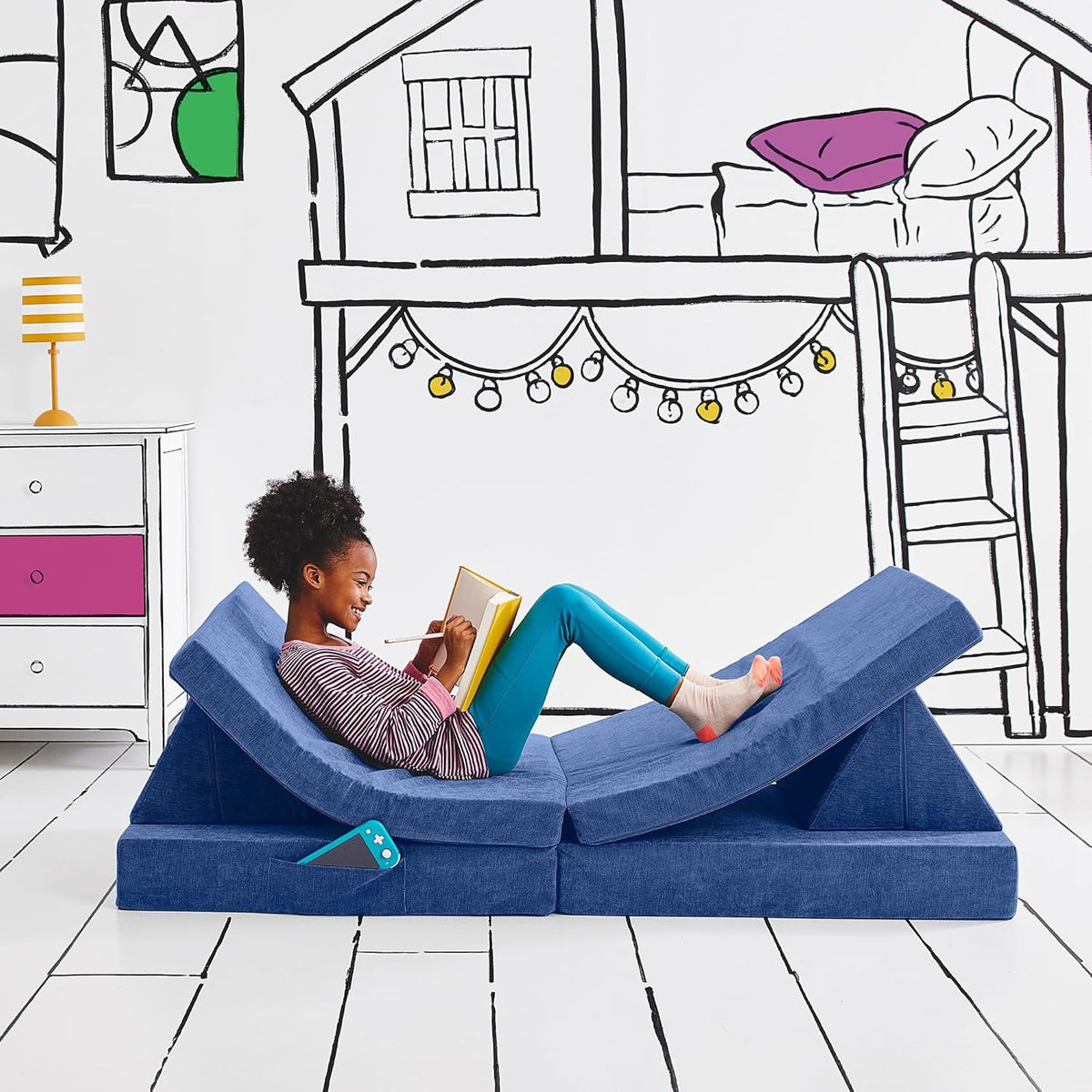 Yourigami Kids and Toddler Play Couch, Convertible Folding Sofa, Durable Foam Modular Design, Sapphire Caves XL