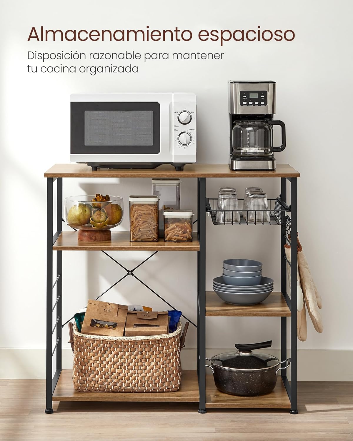 VASAGLE ALINRU Kitchen Baker’s Rack, Coffee Bar, Microwave Oven Stand, with Steel Frame, Wire Basket, 6 Hooks, for Mini Oven, Spices Utensils, Industrial, Rustic Walnut and Black UKKS090B41