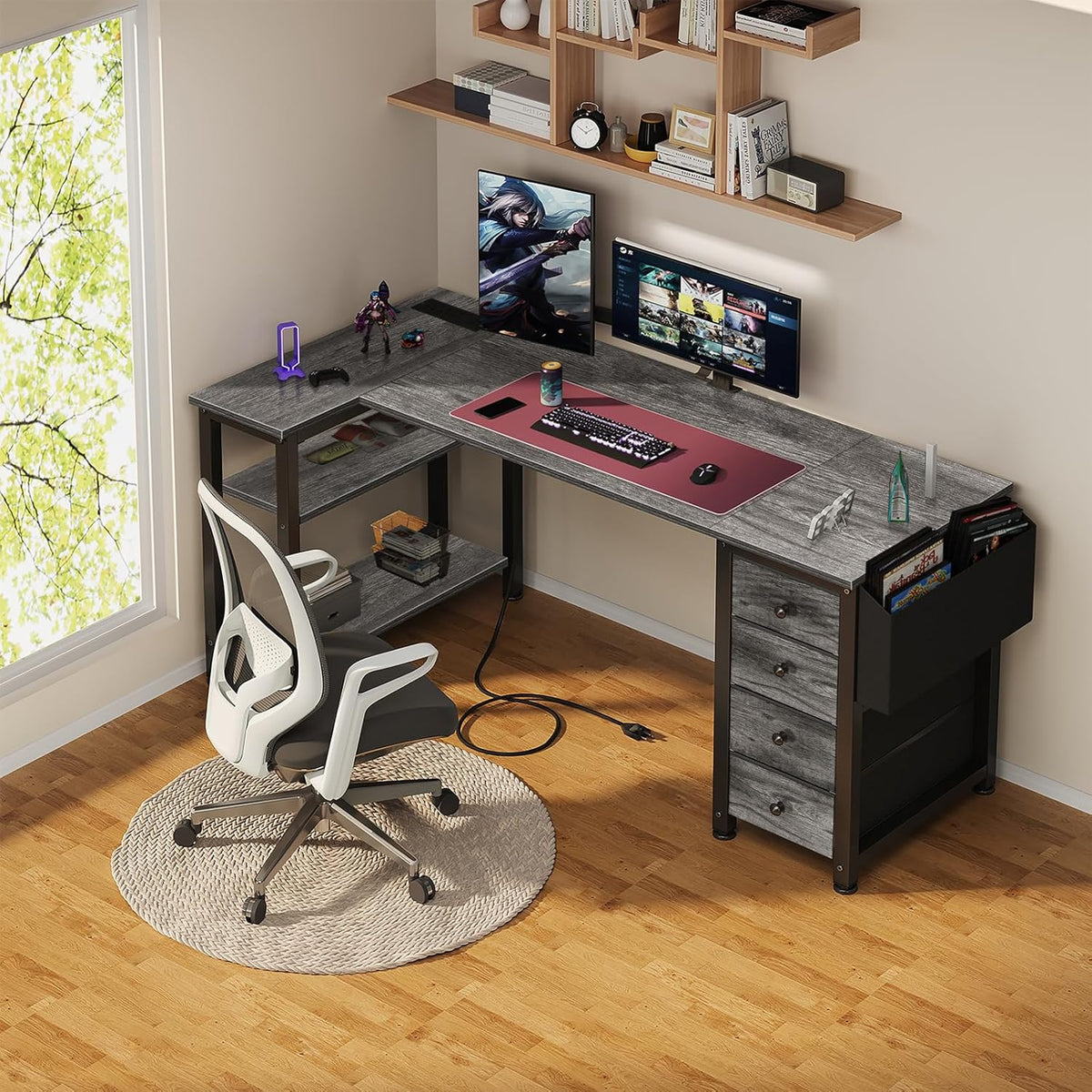 Lufeiya L Shaped Gaming Desk with Drawers & Storage Shelves, 55 Inch Corner Computer Desk with Power Outlet for Home Office Bedroom, L-Shaped Teen PC Desks with Fabric Drawer, Gray