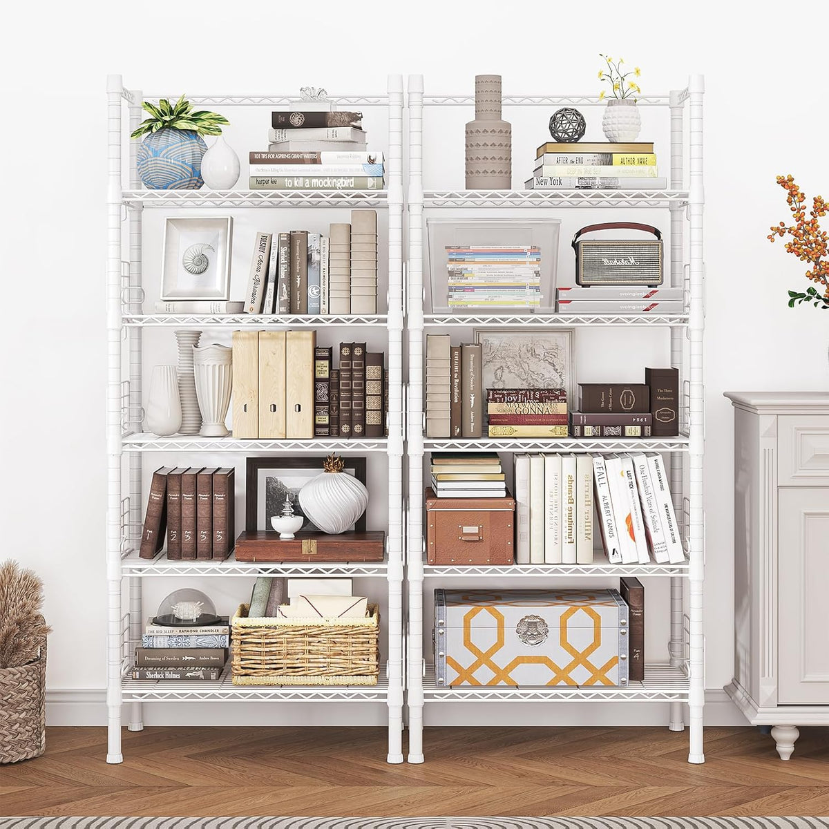 Metal Storage Rack, Storage Organizer Shelves for Kitchen, Bathroom, Living Room, Balcony and Garage, 5 Tiers Narrow Bookshelf, 21.2" W x 9.4" D x 59.2" H, Load 400lbs, White
