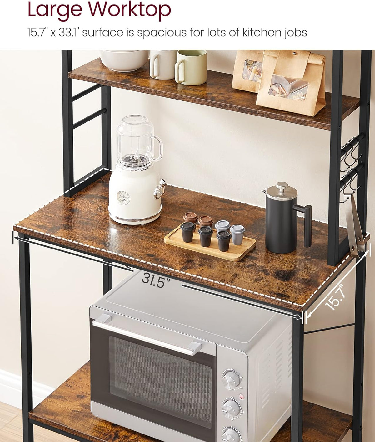 VASAGLE Coffee Bar, 31.5 Inches Baker's Rack for Kitchen with Storage, 6-Tier Kitchen Shelves with 6 Hooks, Microwave Stand, Industrial, Rustic Brown and Black UKKS019B01