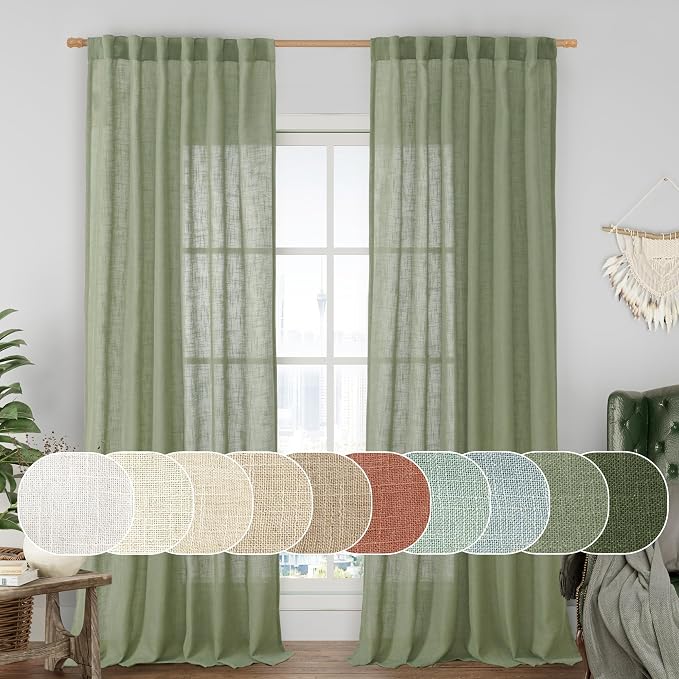 LAMIT 95 Inches Long Sage Green Linen Curtains