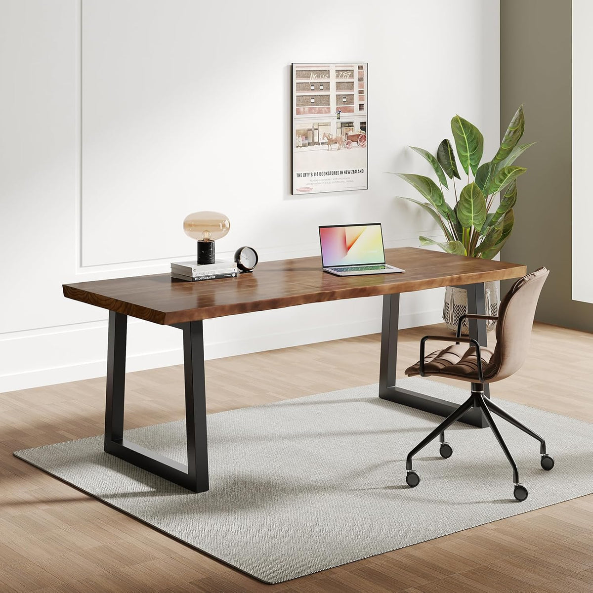 Solid Wood Computer Desk,Rustic Style 55-inch Large Office Desk- Modern Gaming Working for Home Office, Modern Simple Design, Ideal for Study, Writing, Dining