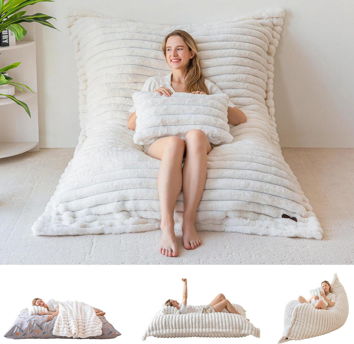 MAXYOYO Giant Bean Bag Chair with Pillow, 3 in 1 Convertible Bean Bag Chair for Adults with Washable Cover, Removable Floor Cushion Stuffed Floor Lounger for Living Room Bedroom, Beige