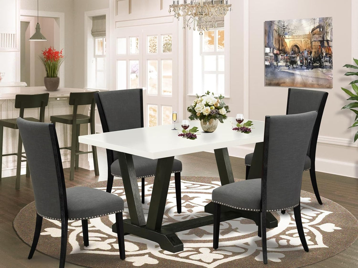 East West Furniture V626VE650-5 5 Piece Dining Set Includes a Rectangle Dining Room Table with V-Legs and 4 Dark Gotham Linen Fabric Parson Chairs, 36x60 Inch, Multi-Color