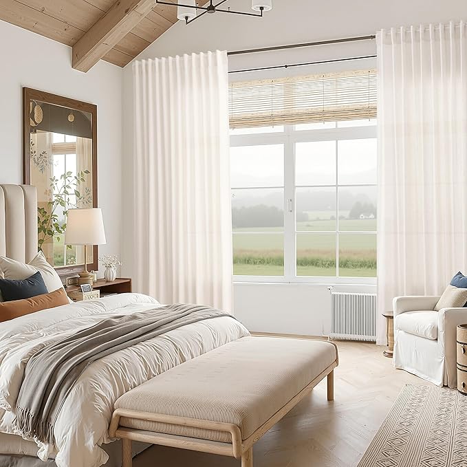 Ivory White Linen Curtains 108 Inches Long Back Tab Pocket Modern Farmhouse