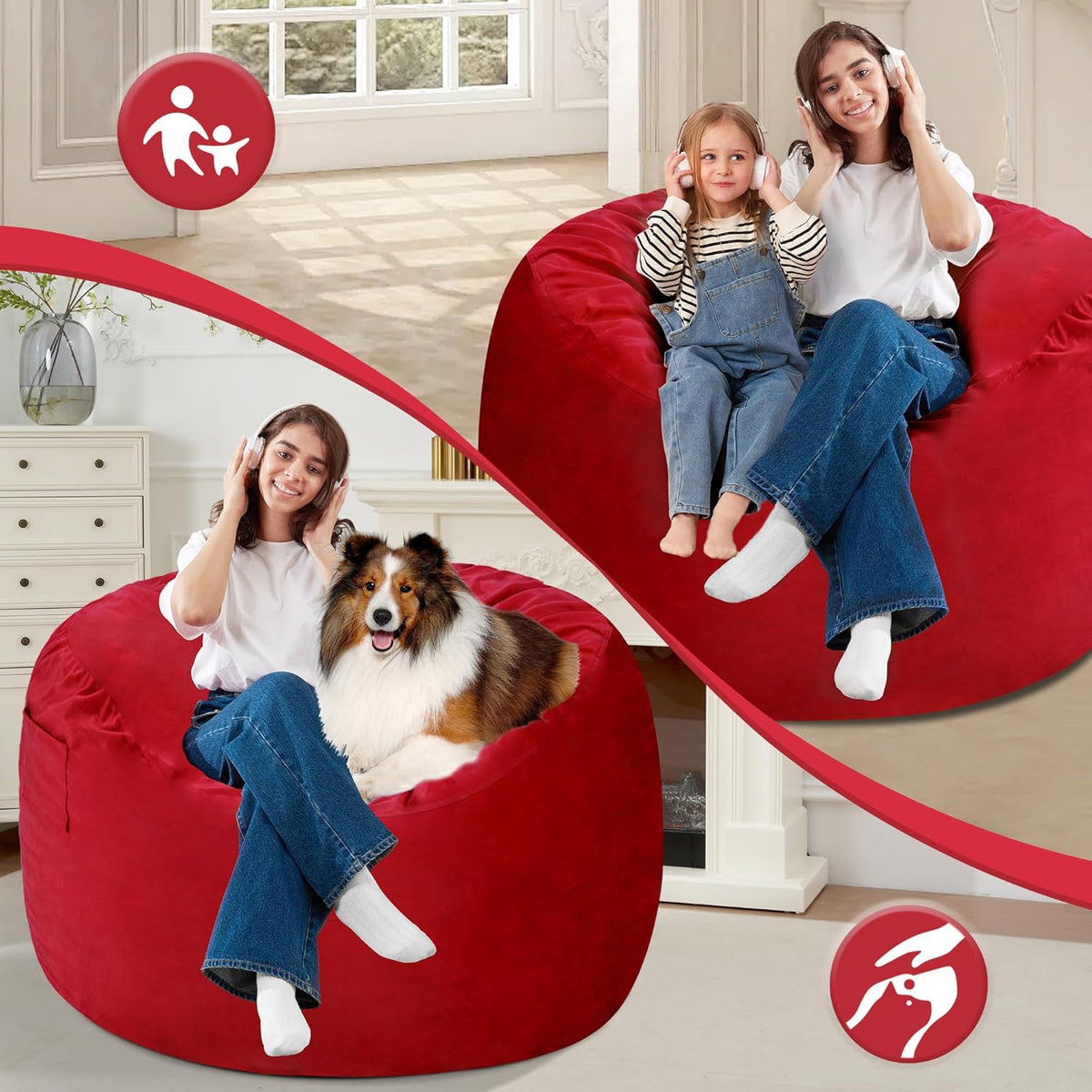 Homguava 3FT Bean Bag Chair: 3' Bean Bags with Memory Foam Filled, Large Beanbag Chairs Soft Sofa with Dutch Velet Cover-Red