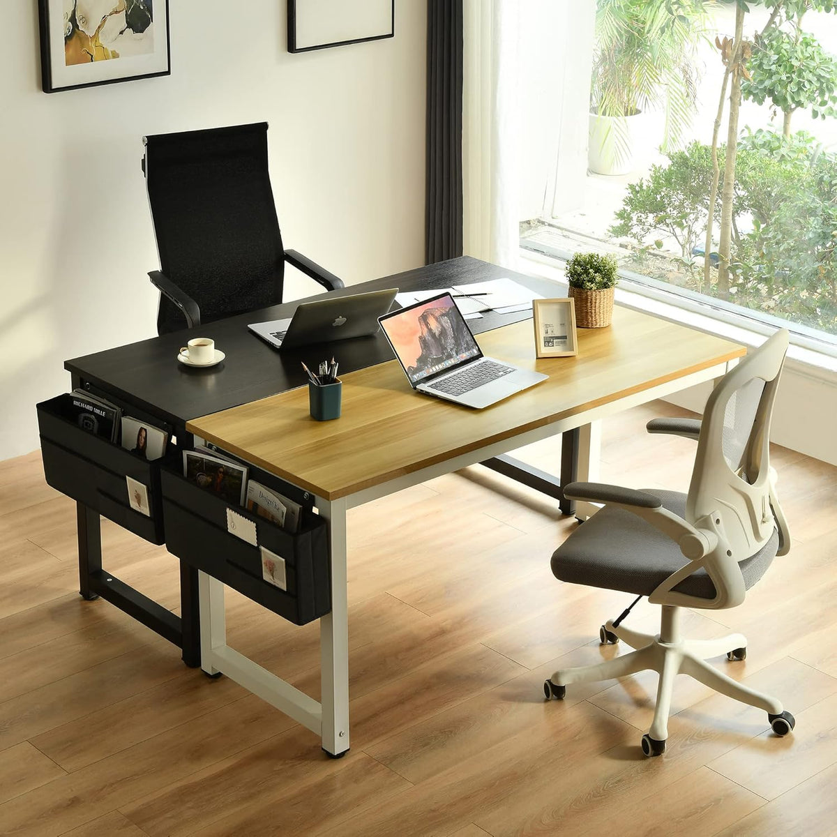 Large Computer Desk - 63 Inch Home Office Desks Study Student Writing Table Gaming Desk Wood Modern Simple Table with Storage Bag & Headphone Hooks, Rustic White