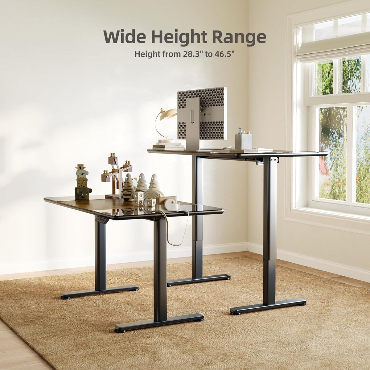 INNOVAR Glass Standing Desk, 48 x 24 Inches Height-Adjustable Desk, Tempered Glass and Wooden Top, Quick Install Home Office Stand Up Desk with 4 Presets, Black Glass and Brown Wood