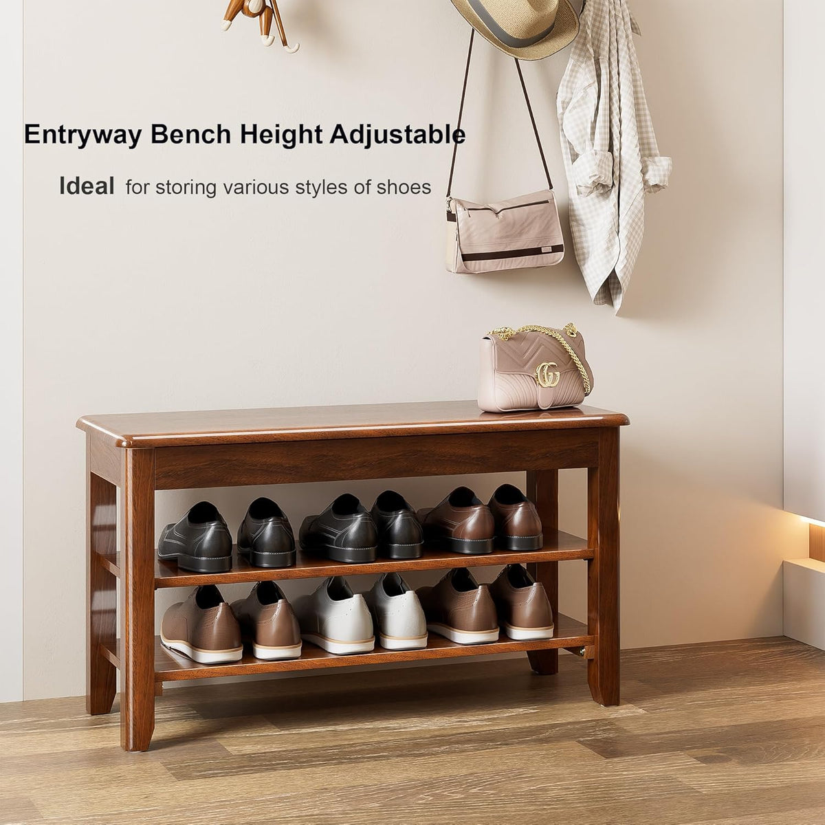 Shoe Storage Bench for Entryway - 3 Tier Shoe Rack for Front Door Entrance, Rubberwood Shoes Rack Height Adjustable, Entryway Bench with Shoes Storage for Any Room (Walnut, 31.5" W)