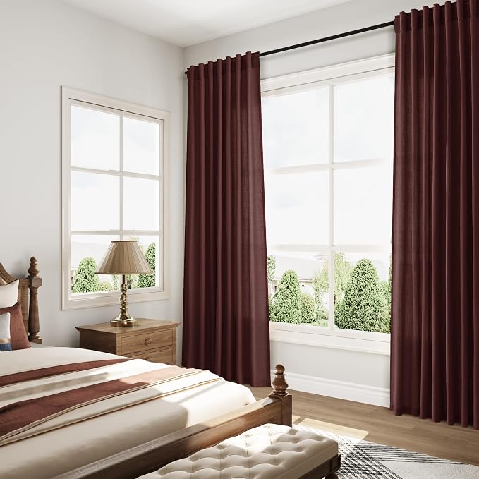 Nanspring Reddish Brown Linen Blend Light Filtering Back Tab Curtains 108