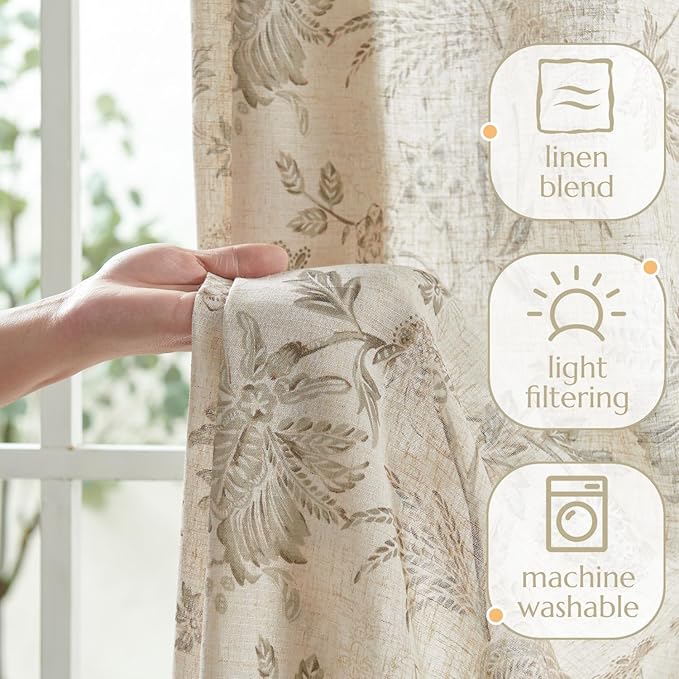 jinchan Linen Floral Curtains for Living Room