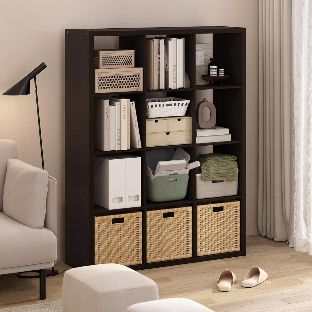 Furinno Cubicle Open Back Decorative Cube Storage Organizer, 12-Cube, Black Dark Oak