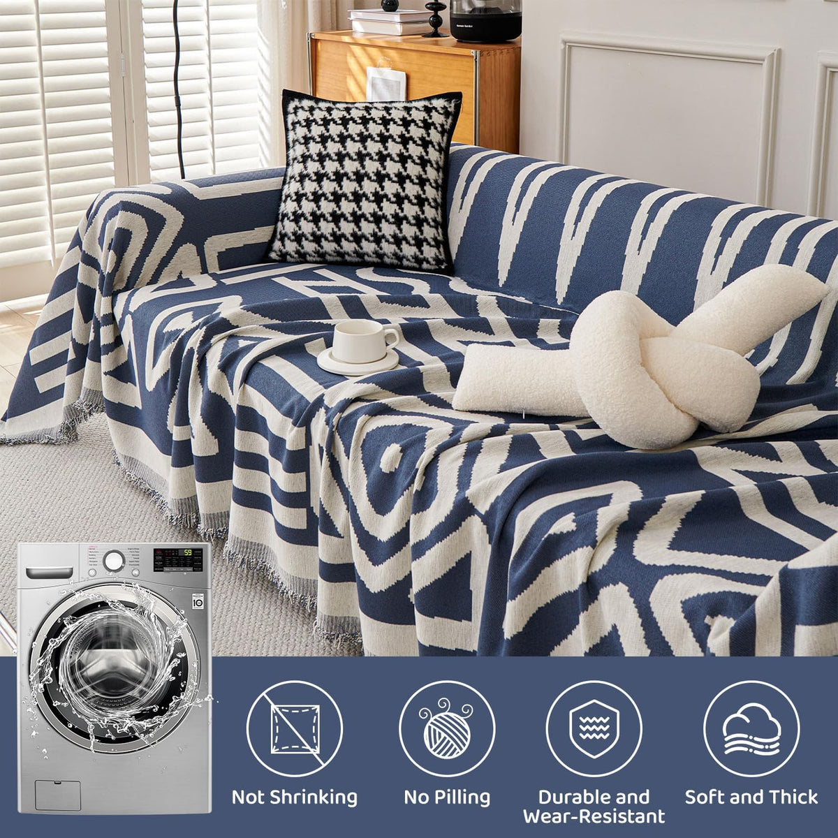 STACYPIK Boho Chenille Couch Cover, Blue Jacquard Sofa Cover for 3 Cushion Couch, Reversible Furniture Protector, Anti Slip Geometric Couch Covers for Sectional, Loveseat Cover Pet-Friendly-71X134IN