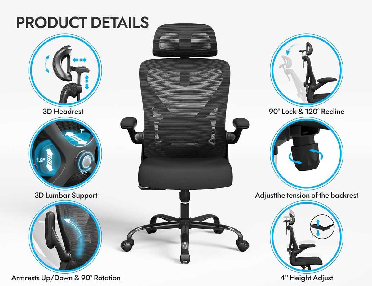 Ergonomic Office Chair - Mesh Desk Chair with Adjustable Lumbar Support High Back Computer Gaming Chairs - Big and Tall Office Chairs Adults, Comfortable for Long Hours, Black