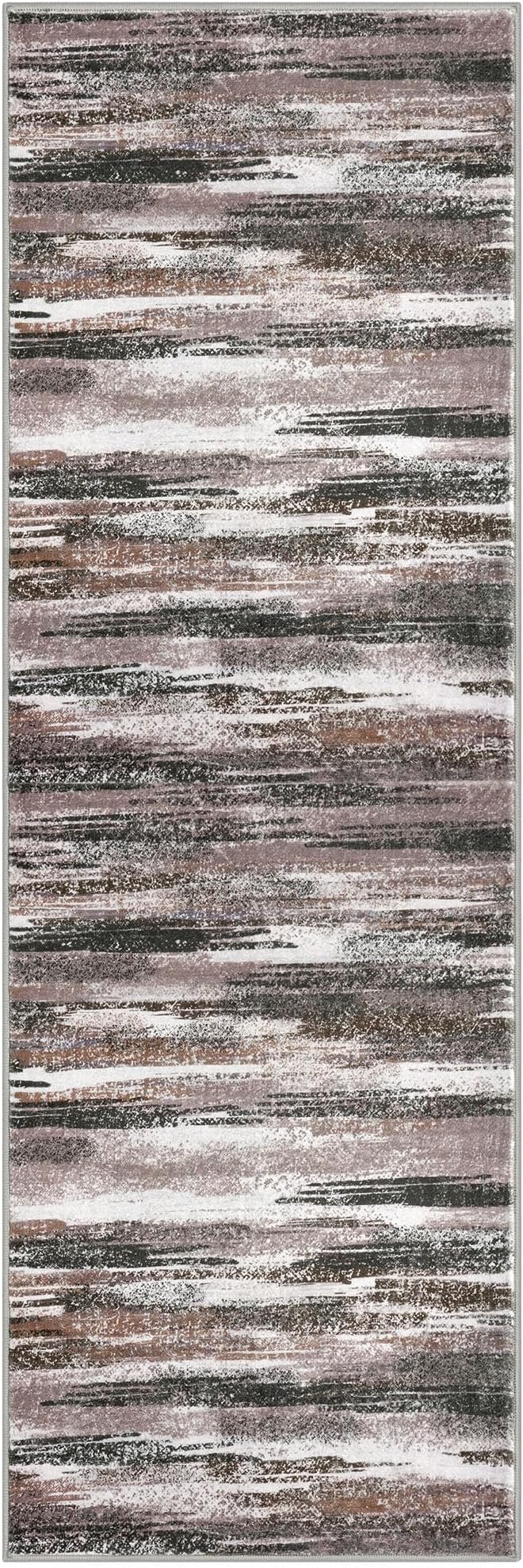 Lansny Modern Abstract Runner Rug 2.6x8, Dark Light Brown White Washable