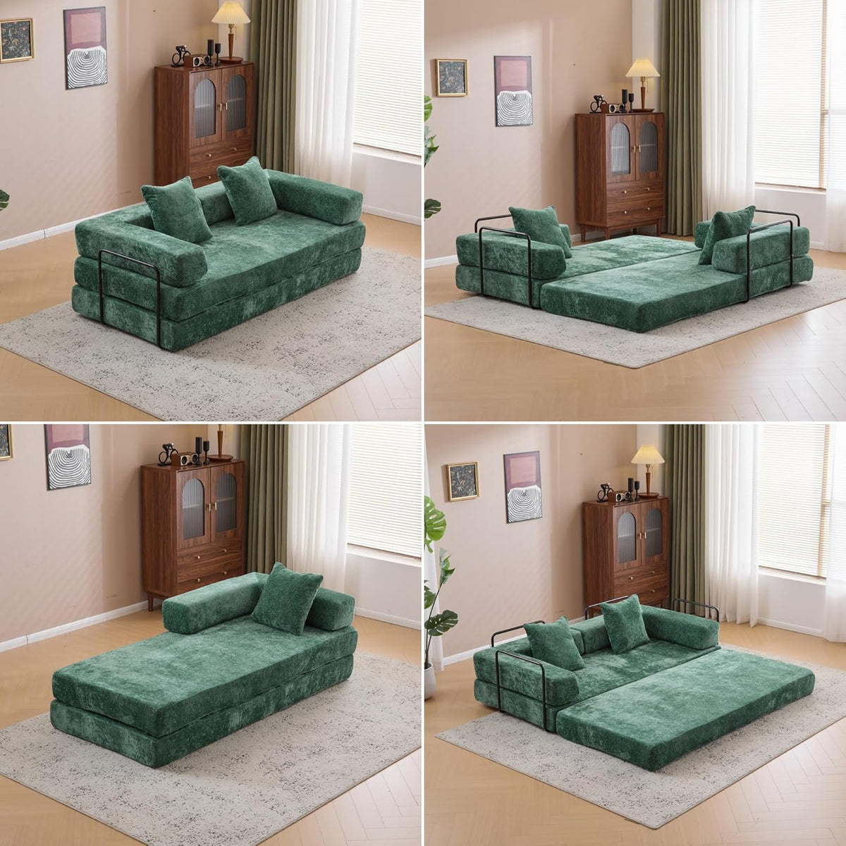 Convertible Sofa Bed, Compression Futon Sofa with Pillows & Armrest, Foldable Mattress Couch with Fixed-Shape Frame, Comfy Couch Lounge Sleeper Bed for Living Room Bedroom, Dark Green