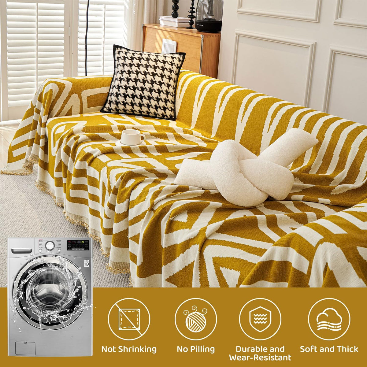 STACYPIK Boho Chenille Couch Cover, Ginger Yellow Sofa Cover for 3 Cushion Couch, Anti Slip L Shaped Couch Protector, Washable Loveseat Cover Pet Friendly, Multi-Use Jacquard Throw Cover-71X150IN