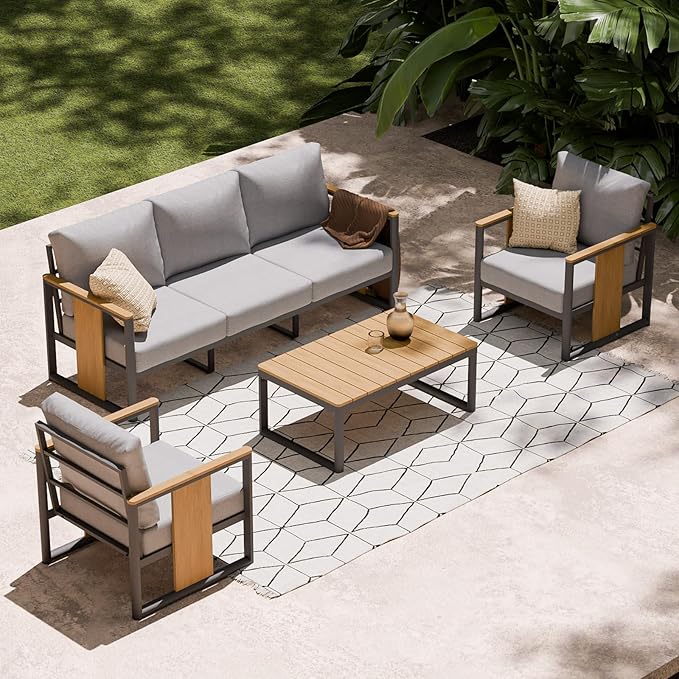 ZANDOR Aluminum Outdoor Patio Furniture Set,4-Piece Sectional Sofa with Coffee Table,Washable Thick Cushions,Modern Patio Conversation Set for Backyard,Garden,Porch,Balcony,Deck,Gray