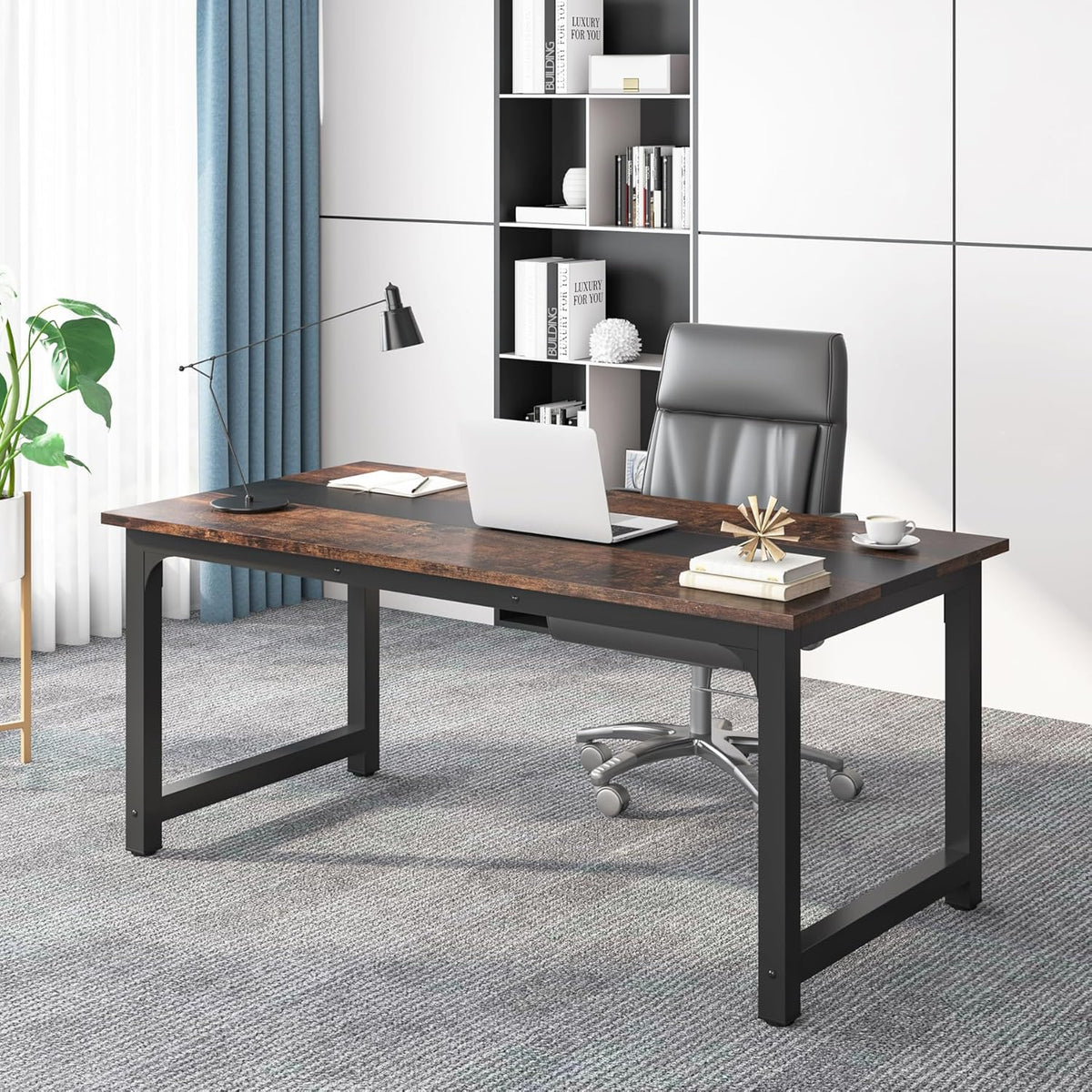 Tribesigns 63” Executive Desk, Large Office Computer Desk with Thicken Frame, Modern Simple Workstation Business Furniture for Home Office, Vintage Brown/Black