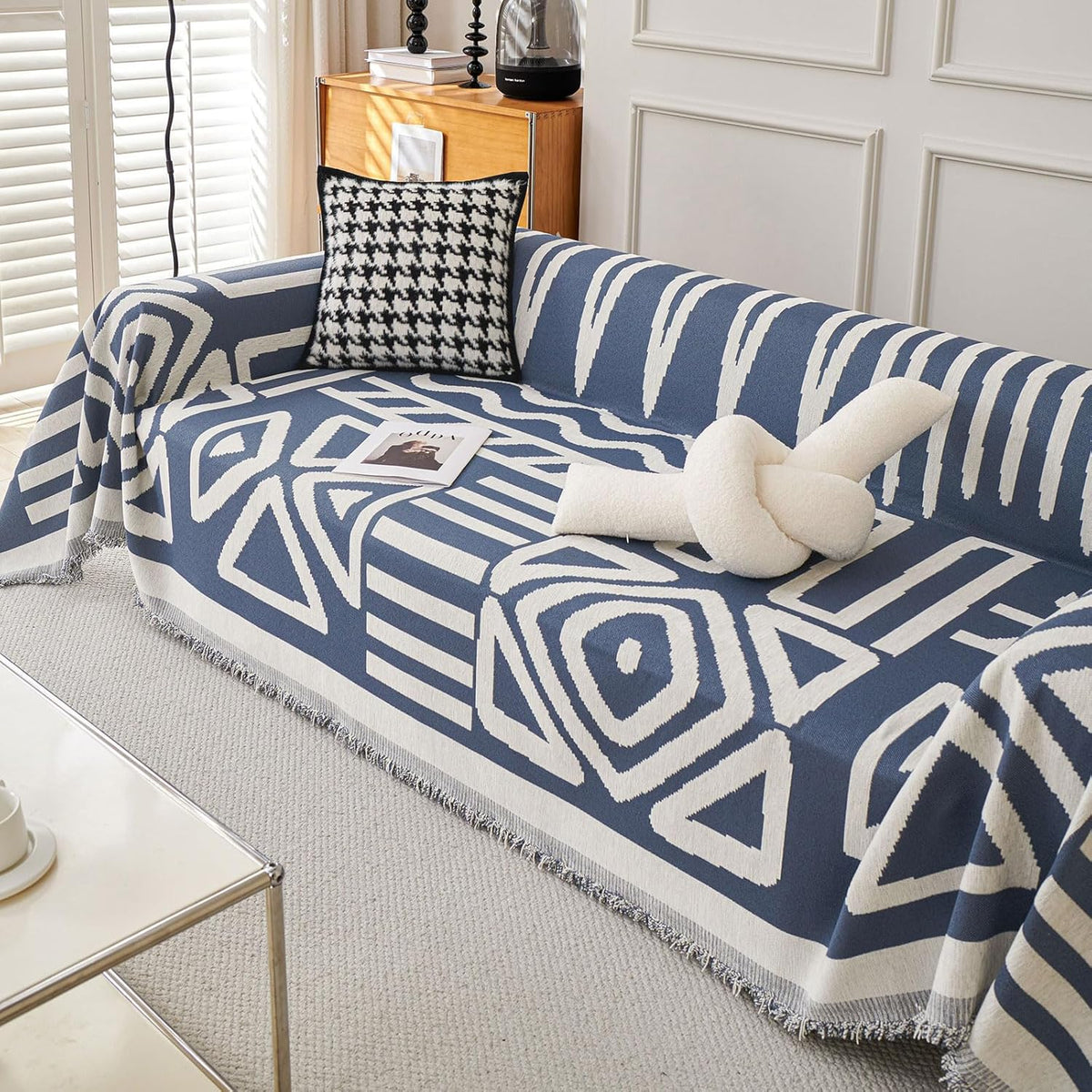 STACYPIK Jacquard Blue Geometric Sofa Cover Thick Soft Boho Couch Covers for 1 Cushion Couch Dogs Cats Furniture Protector Cover Reversible Armchair Cover for Pets Dog Cat Sofa Throw Cover-71X71IN