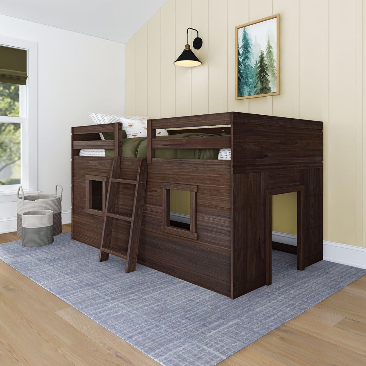 Max & Lily Modern Farmhouse Twin Low Loft Bed with Two Windows - Solid Wood, 15” Guardrails, 400-lb Capacity, Low-VOC Finish, Barnwood Brown