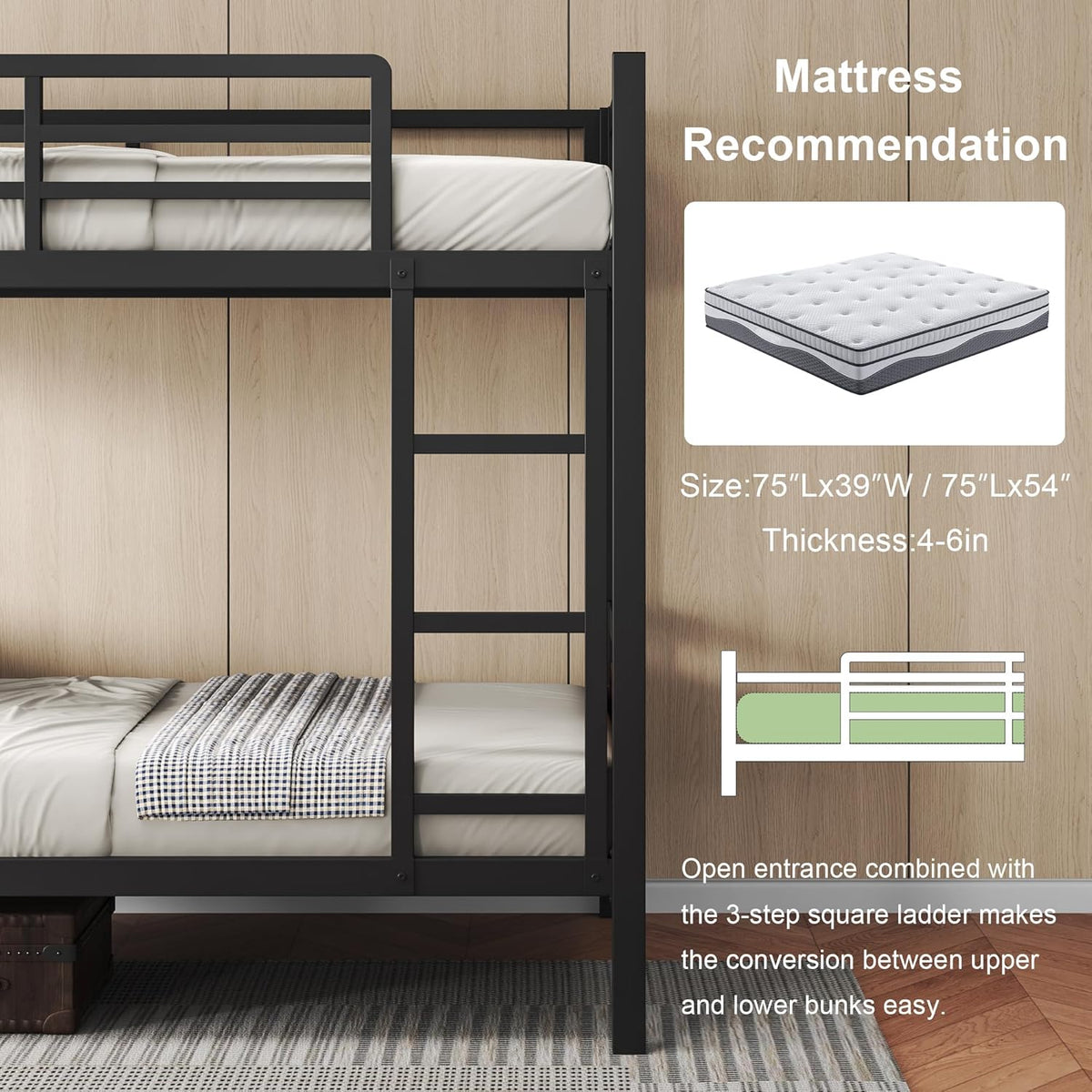 Feonase Metal Bunk Bed Twin Over Twin with Ladder and High Guardrail, Heavy-Duty Metal Slats Support, Noise Free, No Box Spring Needed, for Kids and Juniors, Vintage