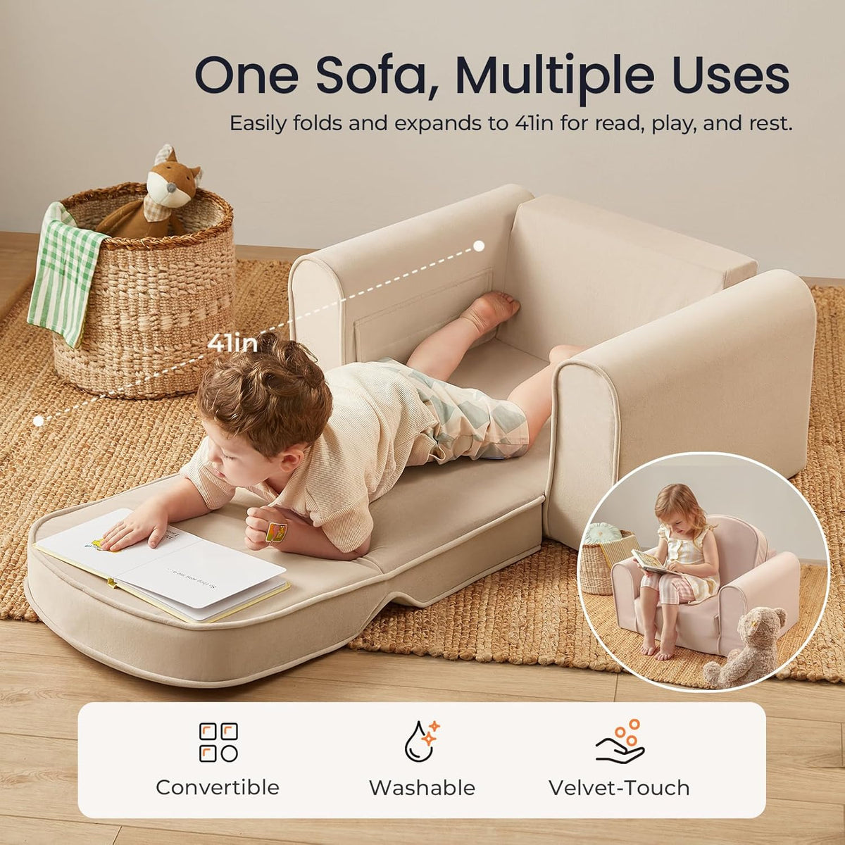 Tiny Land 2-in-1 Foldable Kids Couch with Pockets – Soft Thick Toddler Sofa, Lounger Couch, Convertible Kids Chair for Playroom, Bedroom or Living Room, Gift for Boys & Girls(Beige)