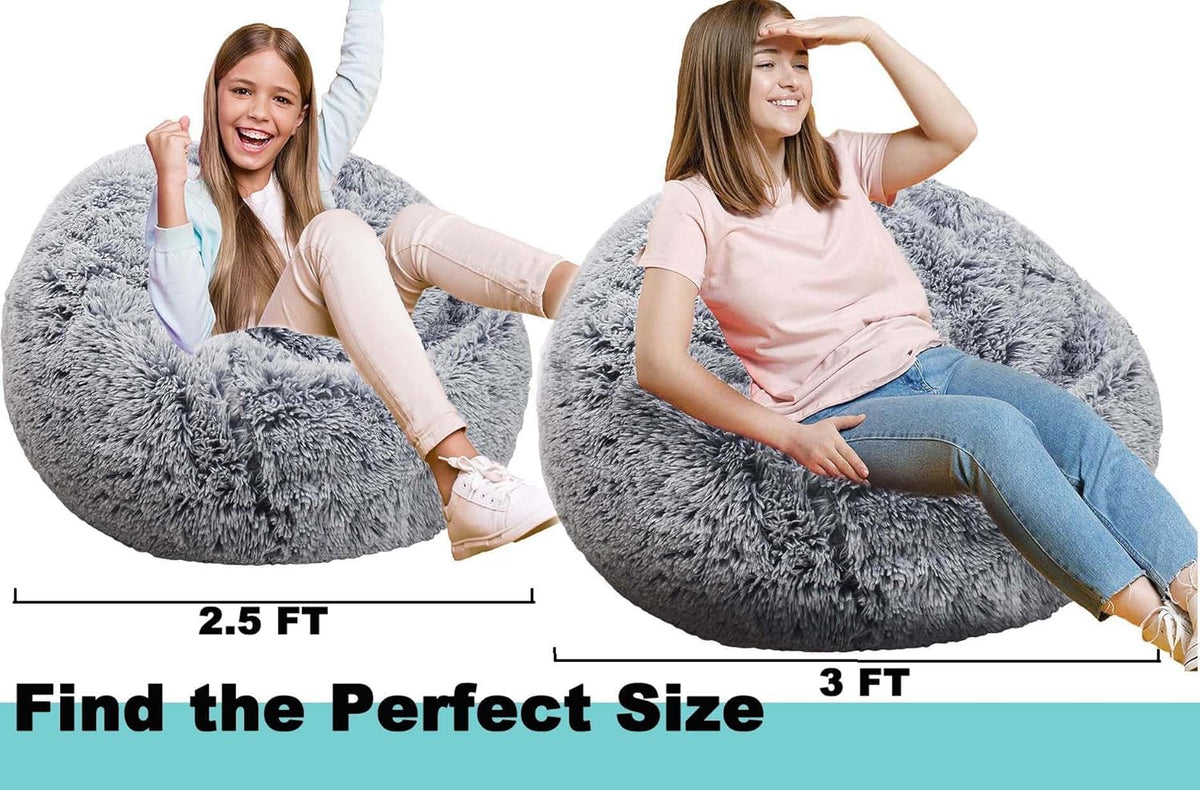 Fluffy Bean Bag Chair, 3FT Round Memory Foam Filled Bean Bag for Teens & Kids, Ultra Soft Faux Fur Fabric Bean Bag Chairs for Playroom, Living Room, Bedroom, Gray