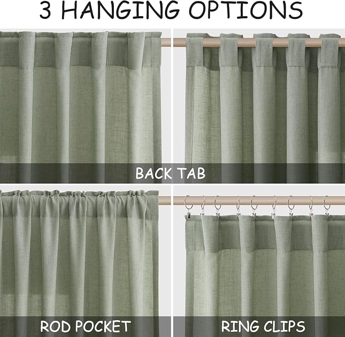 Desert Sage Linen Curtains for Living Room 100 Inches Long Light Filtering Semi