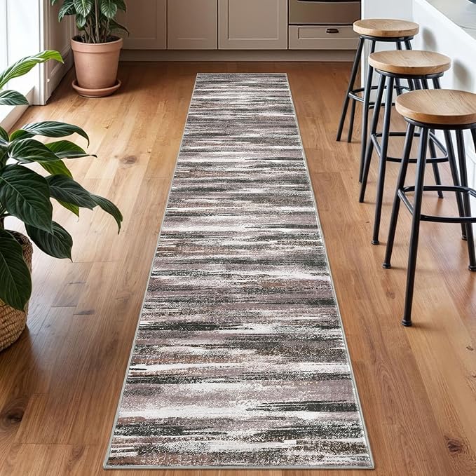 Lansny Modern Abstract Runner Rug 2x10, Dark Light Brown White Washable Long