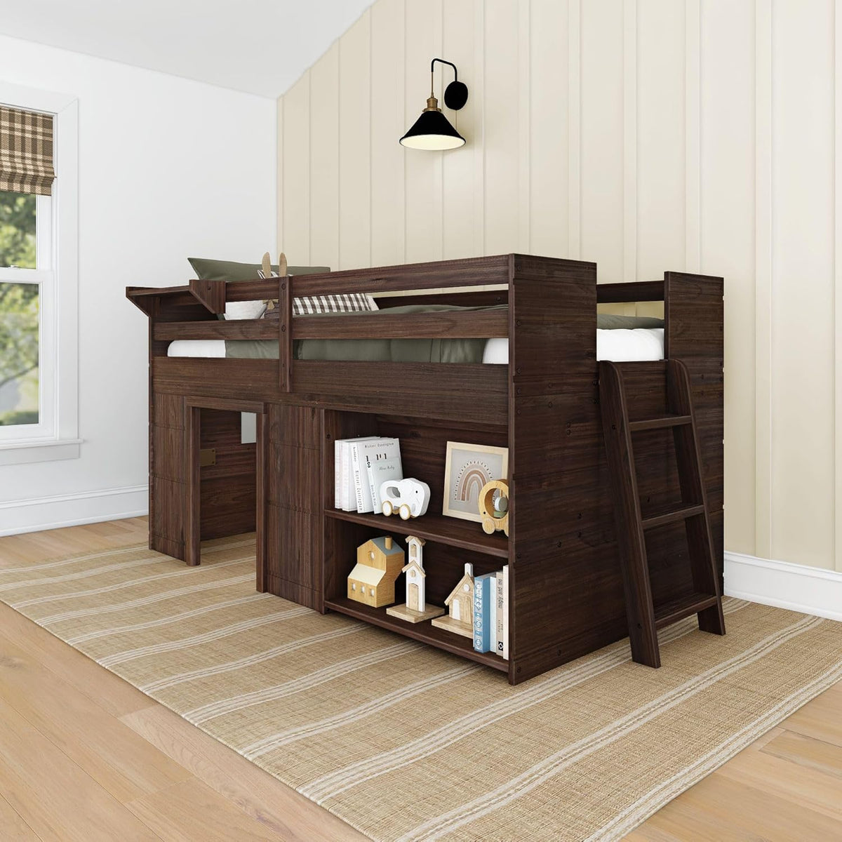 Max & Lily Modern Farmhouse Twin Low Loft Bed with Bookcase - Solid Wood, 15” Guardrails, 400-lb Capacity, Low-VOC Finish, Barnwood Brown