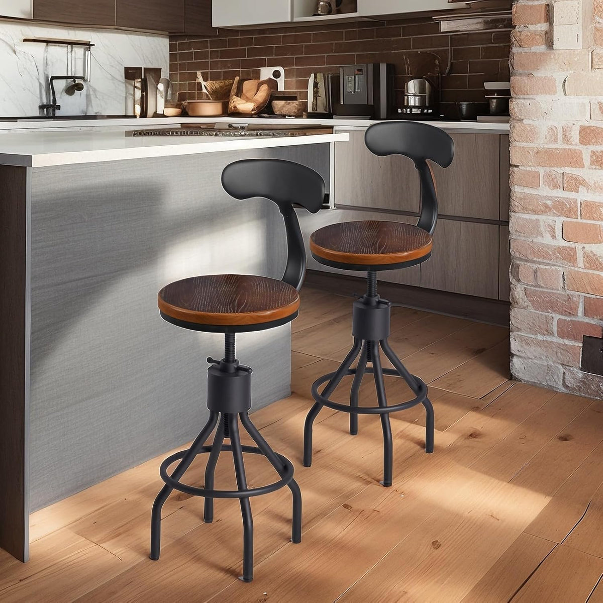 Set of 2 Industrial Bar Stools with Backrest 23-33inch Swivel Wooden Seat Kitchen Island Dining Chair Counter Stool Height Adjustable