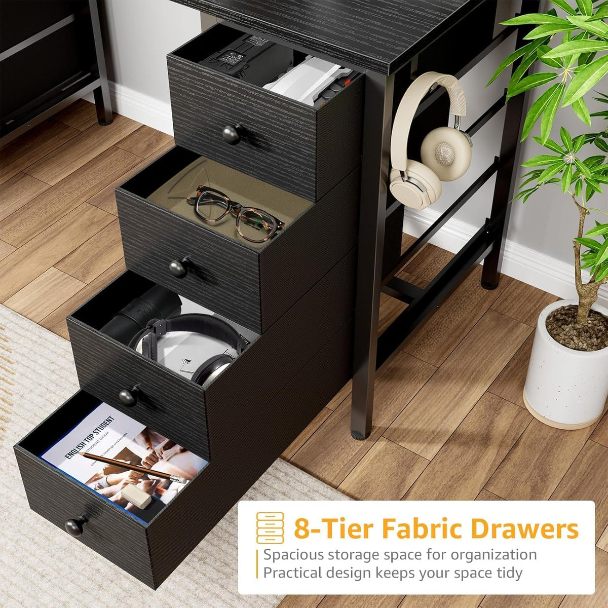 Black Gaming Desk with Fabric Drawers on Both Sides, 55 Inch Home Office Computer Study Writing Work PC Desk with 8 Storage Drawers Storage for Bedroom