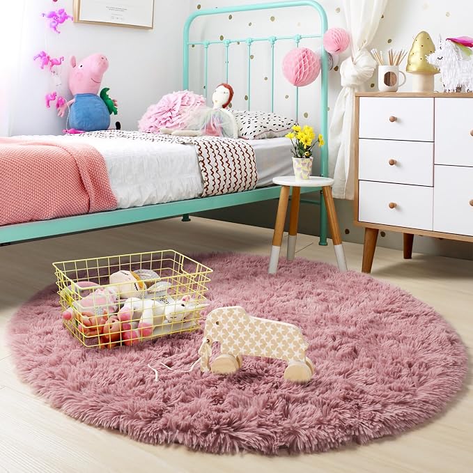 Amdrebio Blush Fluffy Round Rug 4Ft