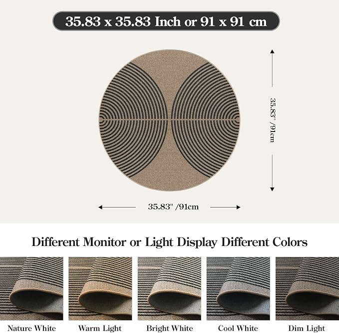 Lahome Enfys Modern Rainbow Round Rug, 3ft Small Washable Circle Carpet Natural