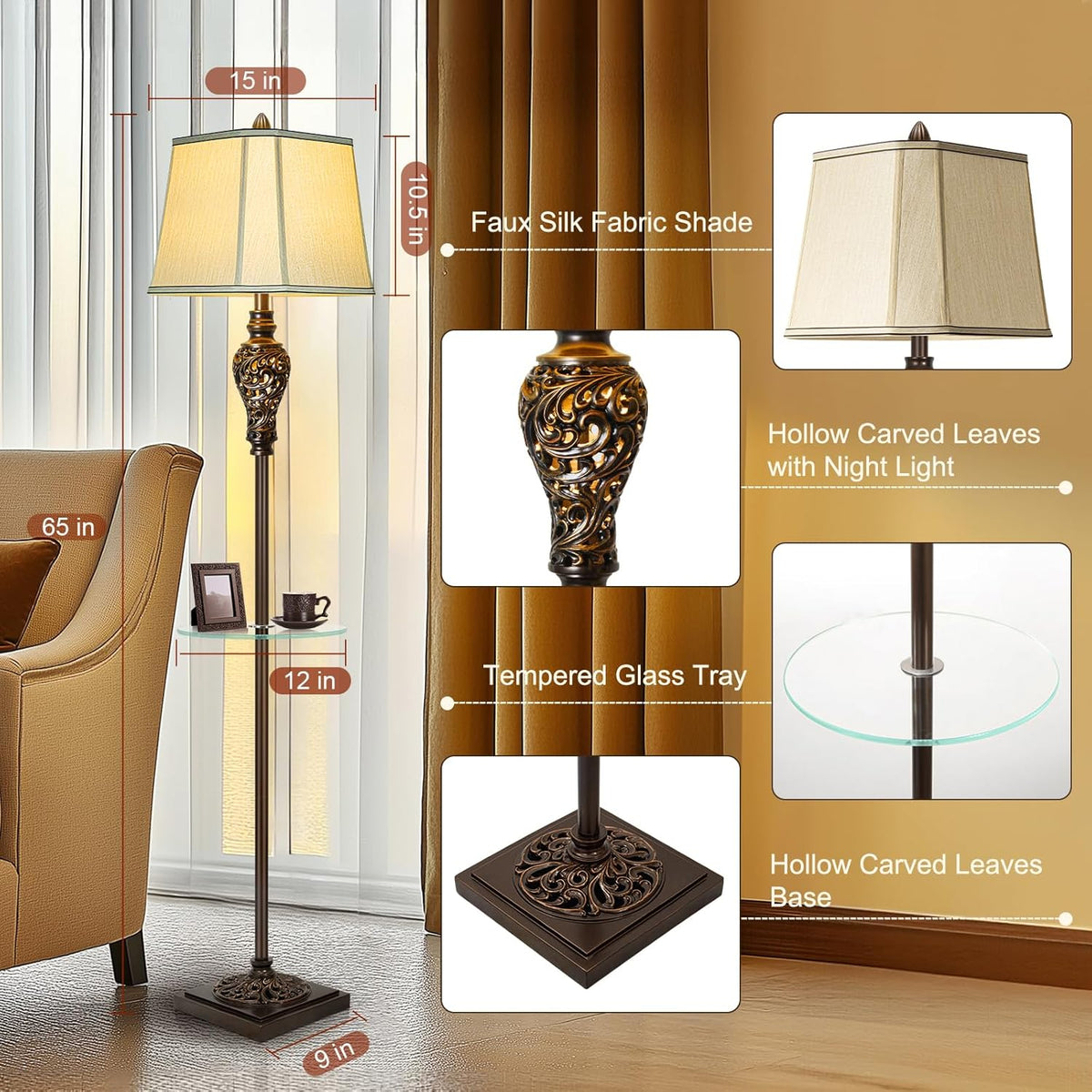 Rustic Floor Lamp for Living Room with Nightlight and Glass Tray, Vintage Standing Lamp with Beige Faux Silk Shade, Farmhouse Tall Lamp for Bedroom Study Home Office Hotel Bar - Brown (Bulb Included)