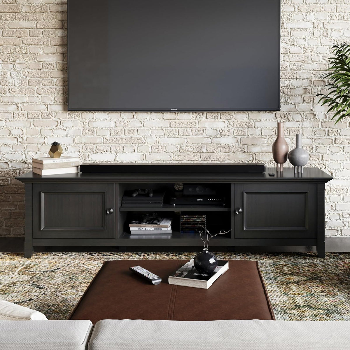 SIMPLIHOME Amherst 72-inch Wide Solid Wood Low TV Stand in Hickory Brown, Transitional-Style Media Console for Living Room with Cable Management, Fits 80" TVs