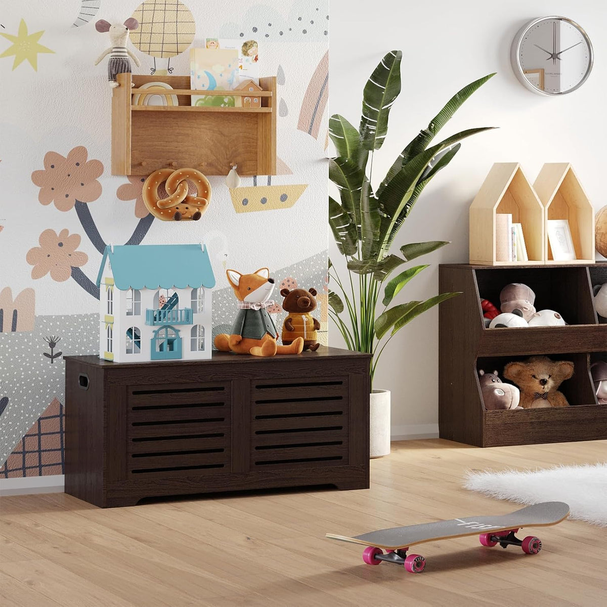 DINZI LVJ Storage Chest, 39.4”Wooden Toy Box with 2 Safety Hinges, Retro Entryway Shoe Storage Bench with Flip-Top, Sturdy Large Storage Trunk for Living Room, Bedroom, Easy Assembly, Espresso
