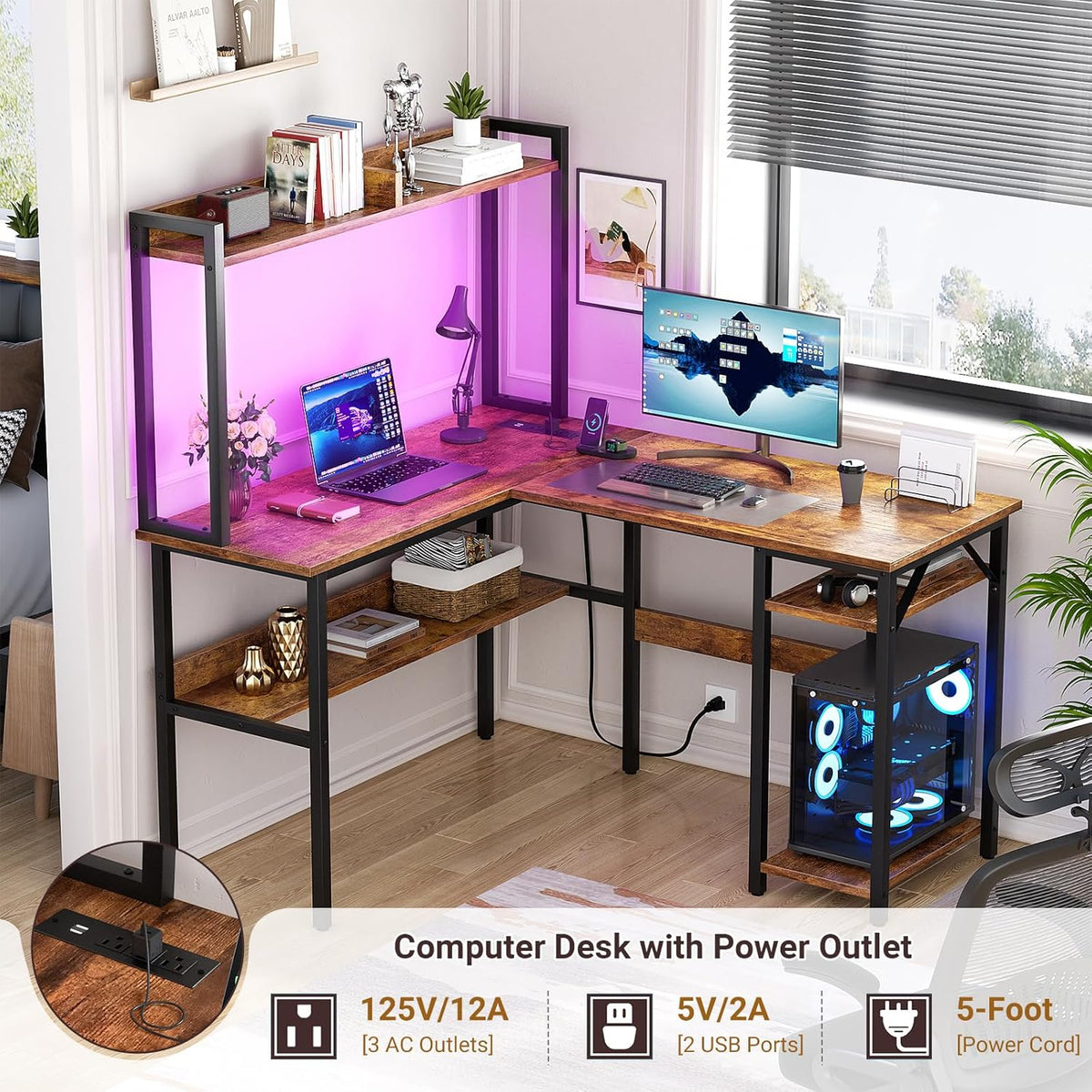 Unikito L Shaped Gaming Desk with LED Strip and Power Outlets, Reversible L-Shaped Computer Desk with Storage Shelves, Corner Desk with Hutch, 2 Person Home Office Desk, Rustic Brown