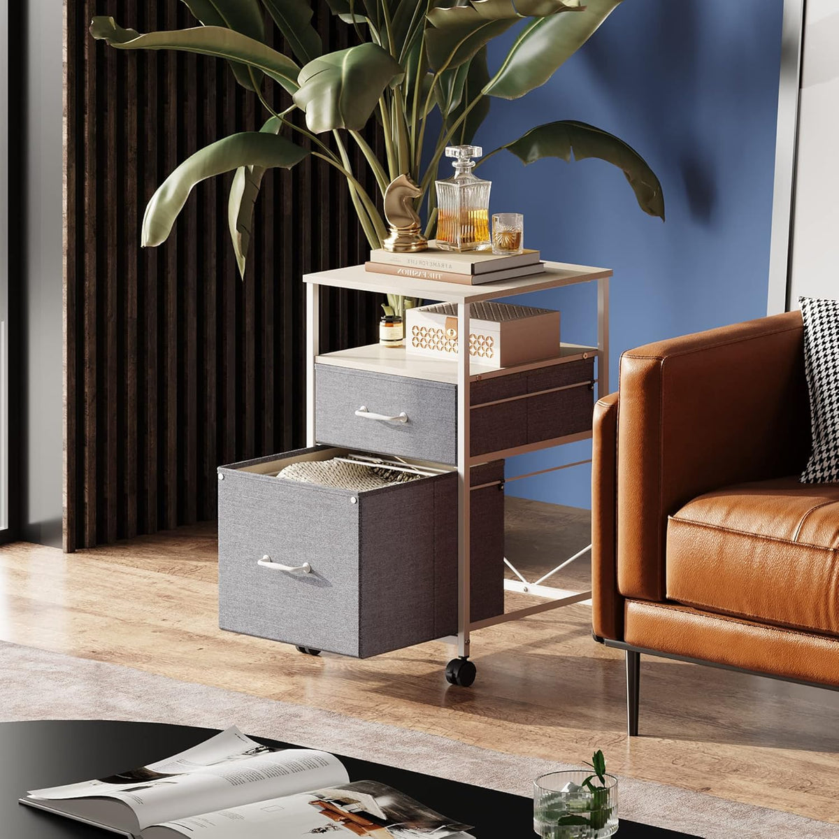 DEVAISE 2 Drawer Mobile File Cabinet, Rolling Printer Stand with Open Storage Shelf, Fabric Vertical Filing Cabinet fits A4 or Letter Size for Home Office, Light Grey