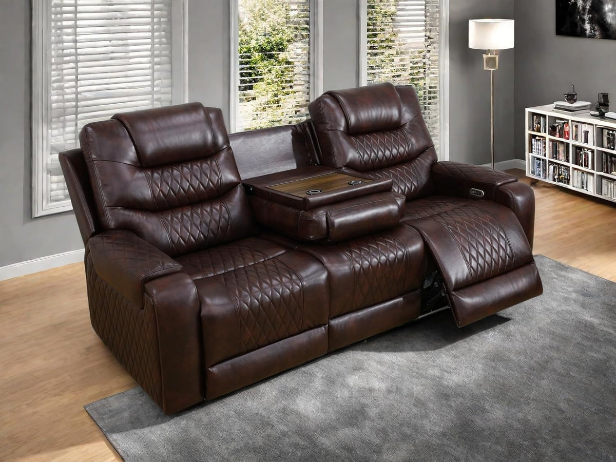 Leather Recliner Sofa Couch, 3-Seater Home Theater Seating Reclining Sofa, Power Reclining Couch with Cup Holders & Drop Down Table for Living Room Furniture Sets, Brown