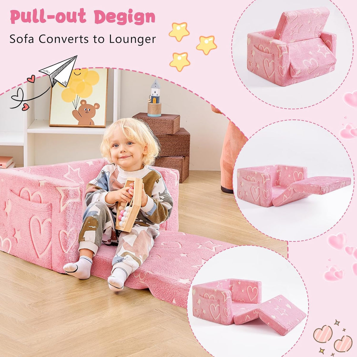 Toddler Chair Comfy,2-in-1 Soft Toddler Couch Fold Out for Kids,Convertible Sofa to Lounger,Gift for Girls and Boys Birthday,Heart,Medium