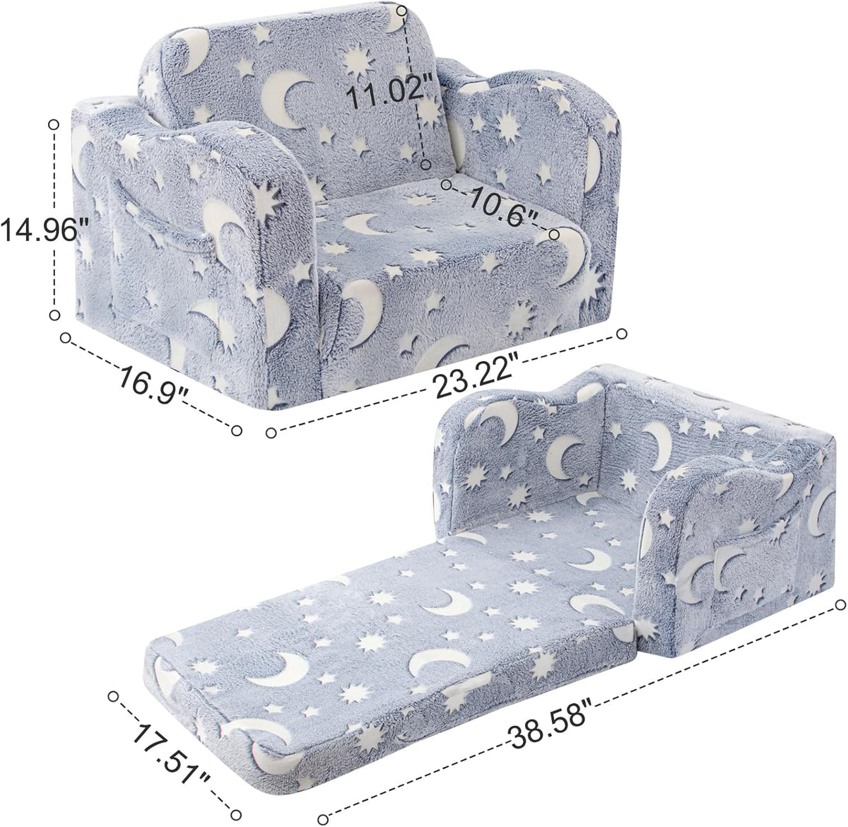 Kids Toddler Chair, 2-in-1 Toddler Couch Fold Out, Convertible Chairs for Toddlers Comfy Sofa to Lounger with Glow in The Dark Feature, Soft for Girls and Boys, Glowing Starry Sky